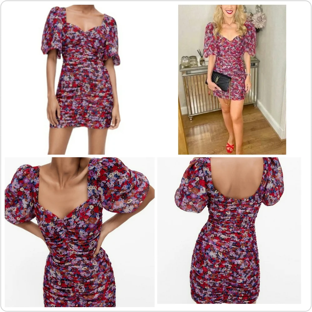 🆕️Zara Ruched Red Pink & Gold Ruched Puff Sleeve Mini Chiffon Draped Dress M - Picture 15 of 16